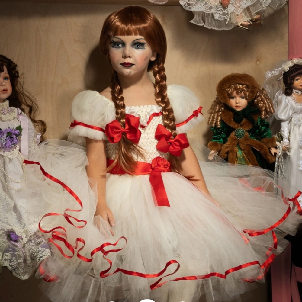 Haunted  Doll, Annabelle-inspired, costume with a wig.